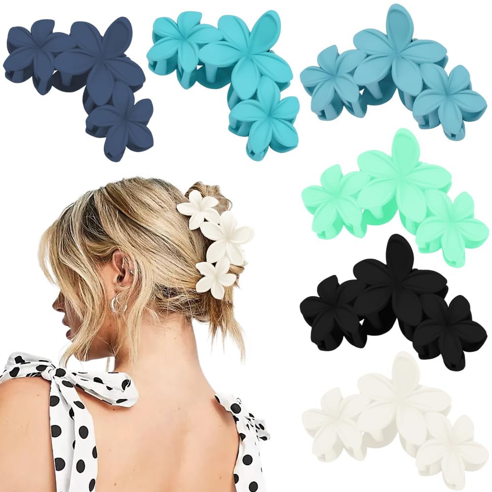 Ahoney 6PCS Blue Flower Hair Clips for Women Strong Hold Nonslip, Big Flower Claw Clip for Thick Hair, Hawaiian Cute Hair Clips