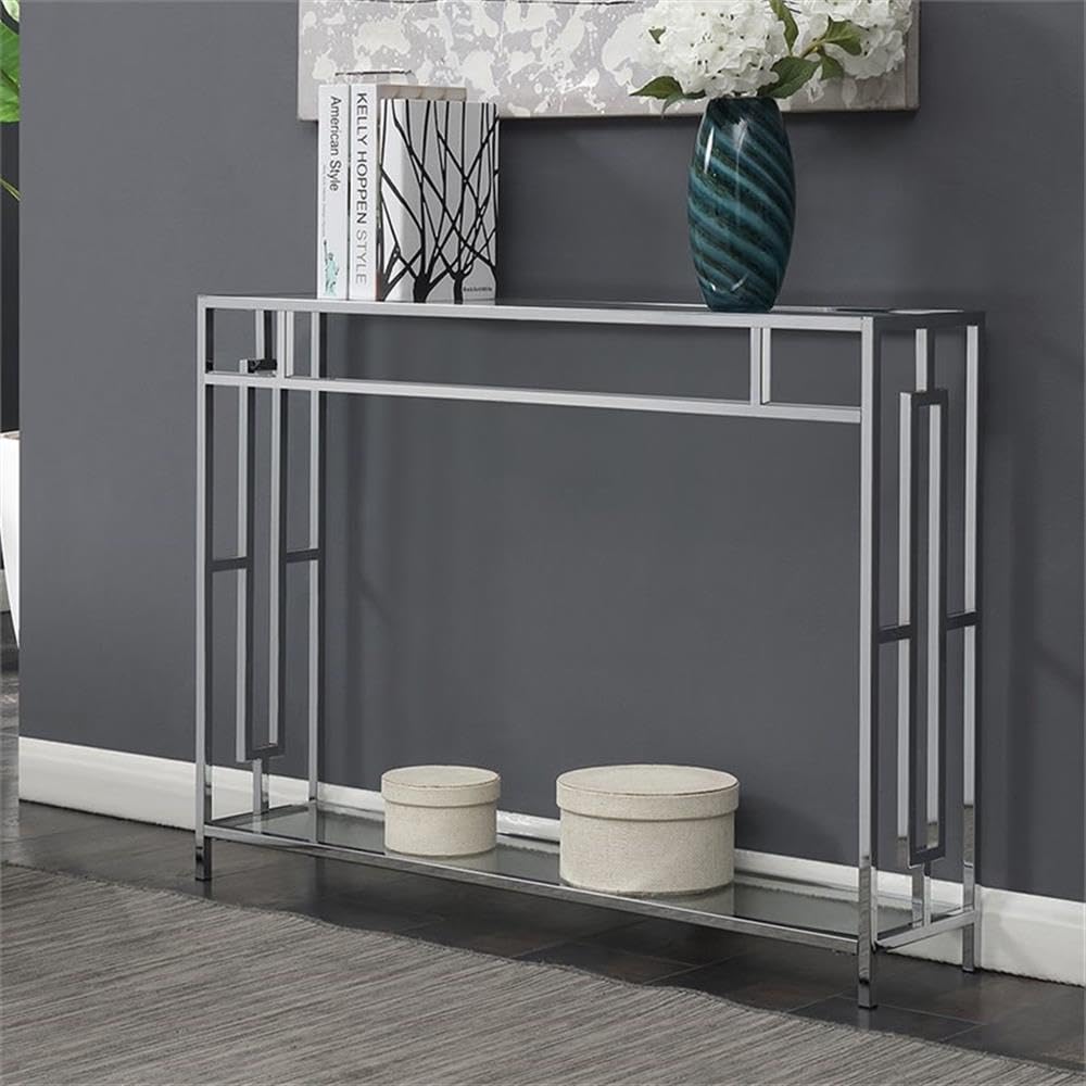 Convenience Concepts Town Square Chrome Console Table 42" - Contemporary Modern Sofa Table with Storage Shelf, Narrow Entryway Hall Table for Living Room, Bedroom, Bathroom, Glass/Chrome