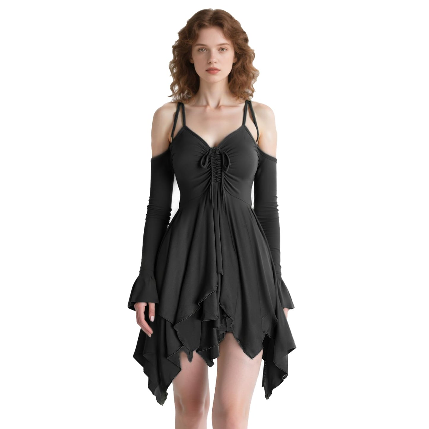Usthirit Renaissance Fairy Dress Women's Gothic Off Shoulder Irregular Handkerchief Dress (Z3831BK,S)