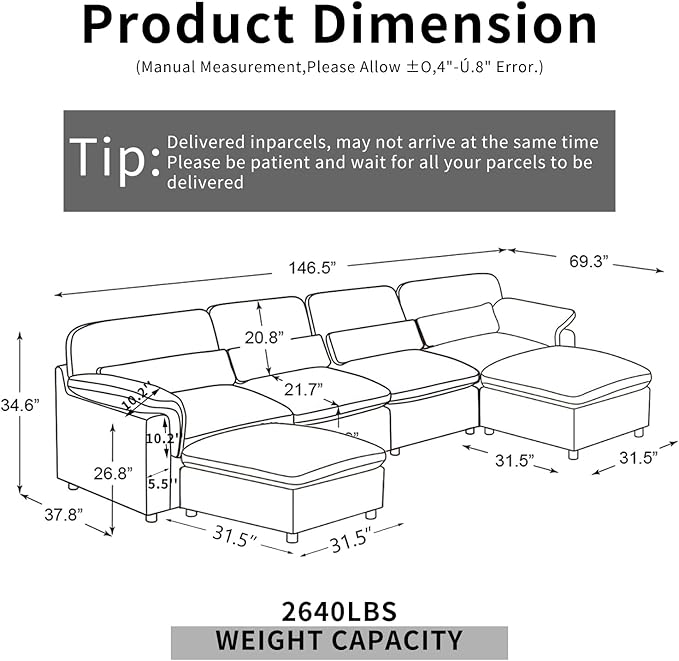 Cloud Sectional Couch, Down Filled Couch, Modular Couches Sofa for Living Room, Minimalist Deep Seat Modern Couches,Sofa Cover Removable,Chenille Fabric (146" 4 Seat+2 Ottoman)