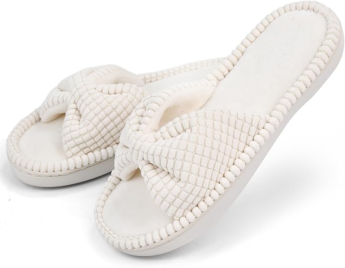 DL Women's Memory Foam Open Toe Slide Slippers with Cute Bow and Cozy Terry Lining, Slip-on House Shoes Spa Mules Sandals ...