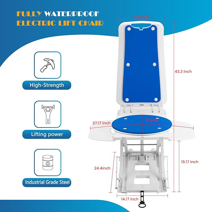 Electric Chair Lift for Senior, Remote Control Floor Lift with Padded Backseat, Bathtub Lift Elderly from Floor, Net Weight 24 LBS, Support Max 308 LBS, Safety and Waterproof Design, Include Charger