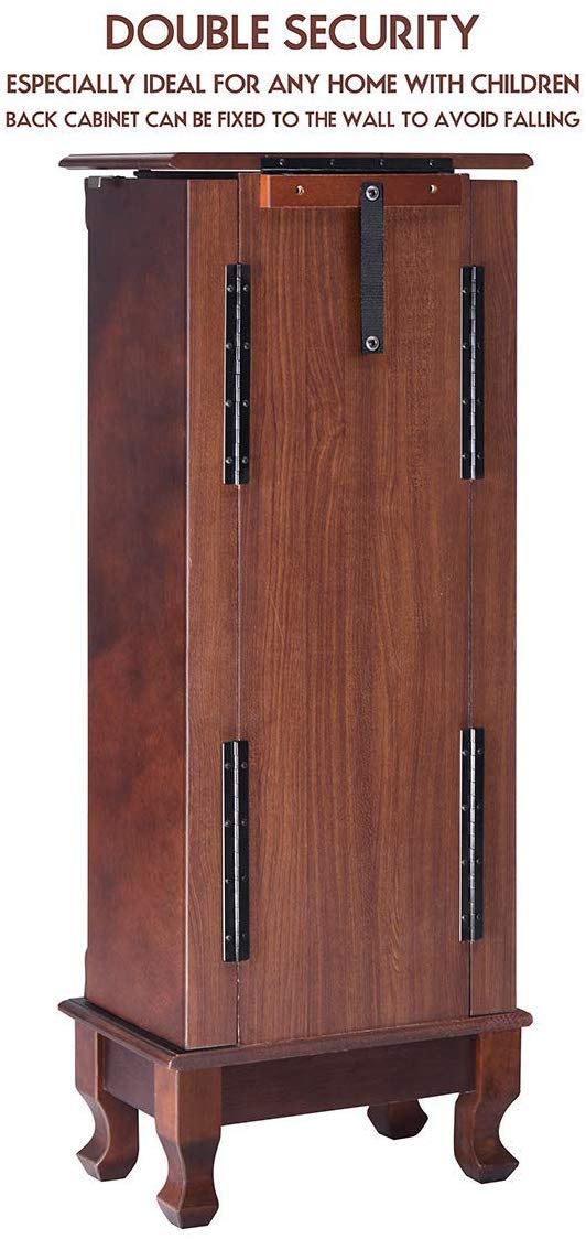 HOMGX Standing Jewelry Armoire Cabinet Storage Chest, Makeup Mirror and Top Divided Storage Organizer, Large Standing Jewelry Armoire with 7 Drawers, 2 Swing Doors, 12 Necklace Hooks
