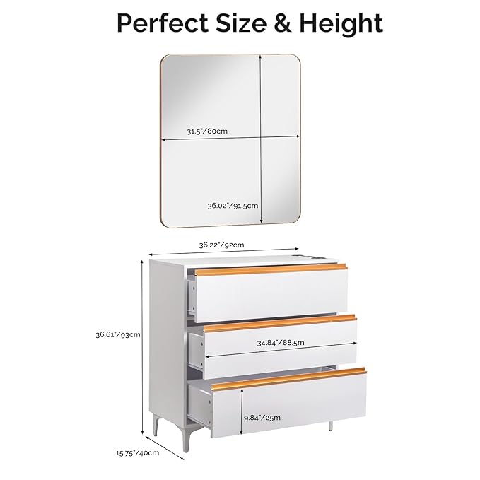 OmySalon Salon Station for Hair Stylists, Free Standing Barber Cabinet with 3 Drawers, Hair Dryer Holders & Square Mirror, Modern Beauty Vanity for Salon, Spa, Bedroom, White Gold