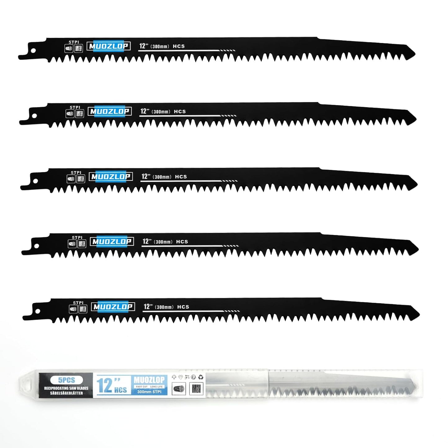 5 Pack 12 inch Reciprocating Saw Blades Set,5 TPI High Carbon Saw Blades, Woodcutting Saw Blades with Organizer Case (5, 5TPI/300mm)