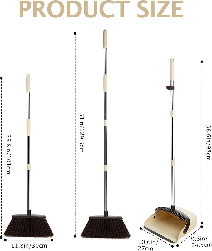 Broom and Dustpan Set with Long Handle, Heavy Dust Broom and Dustpan Combo for Home，Kitchen, Office, Pet Hair(Beige)