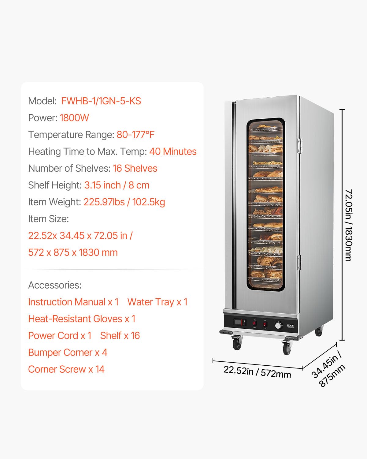 VEVOR Hot Box Food Warmer, 16-Tier Large Concession Warmer with Water Tray, Glass Single-Door and Adjustable Shelves, Stainless Steel Food Warmer Cabinet, Ideal for Storing Pizza, Chicken, Restaurant
