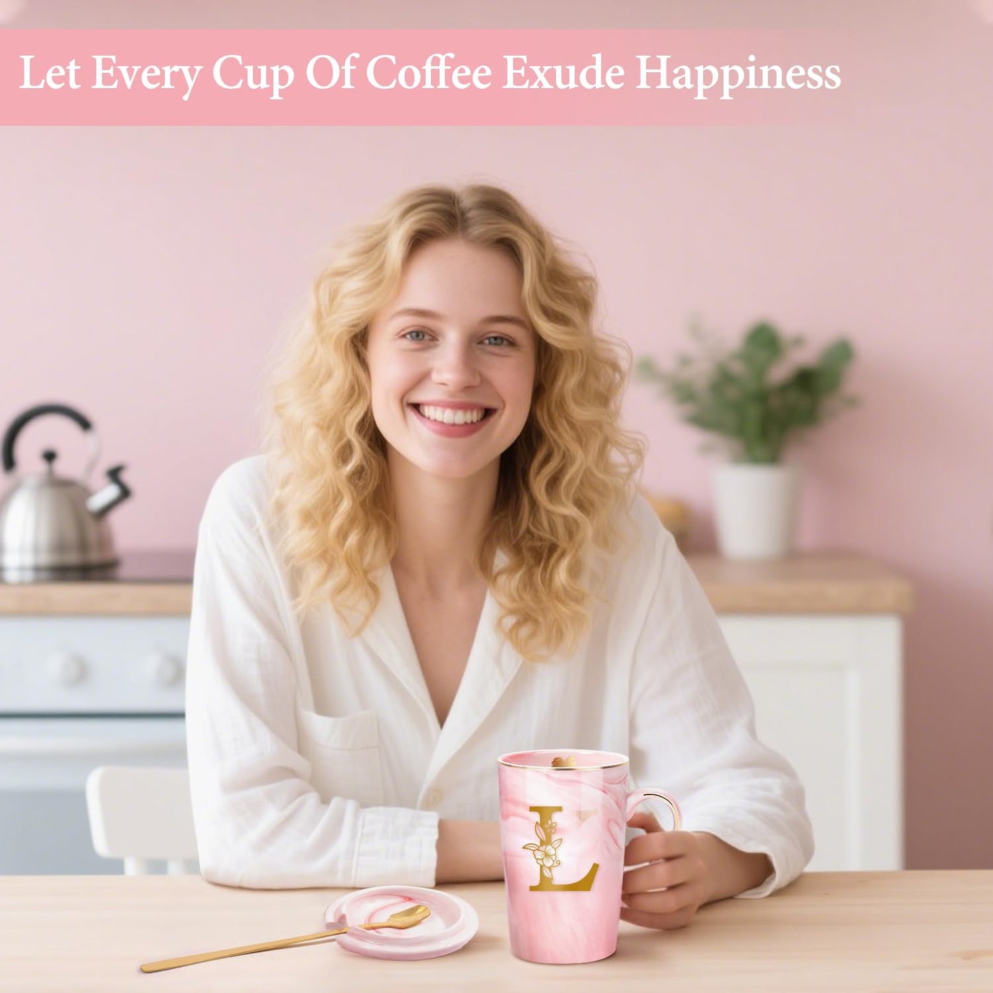 Coffee Mugs - Personalized Gifts for Women, Initial Customized Gift Ceramic Marble Cups 14 Oz Pink, Luxury Birthday Christmas Mother's Day Gift for Her Mom Grandma Girlfriend Friend Unique,L