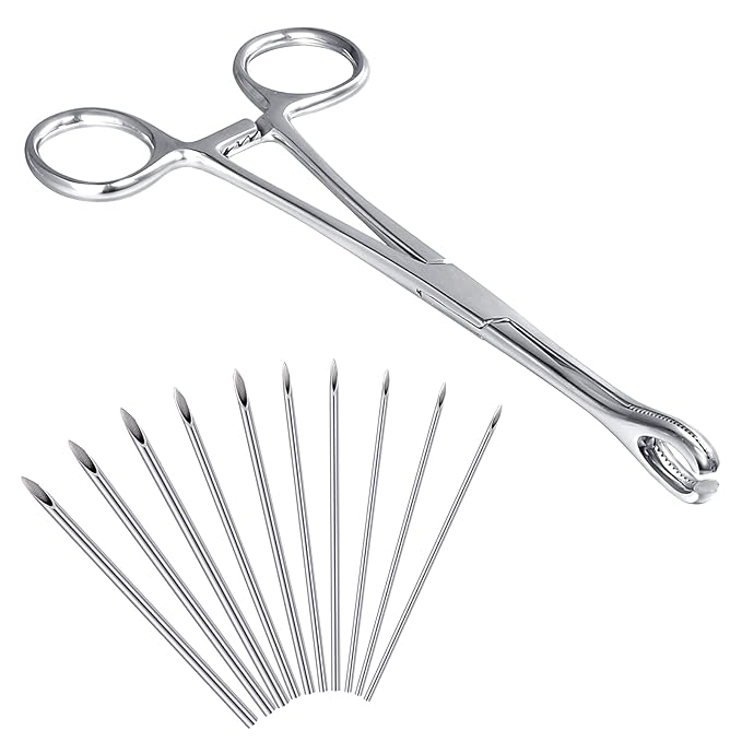 DJCIW Piercing Metal Clamps Forceps with 20Pcs Piercing Needles Surgical Stainless Steel Piercing Clamps for Belly Nipple Tragus Tongue Ear Piercing