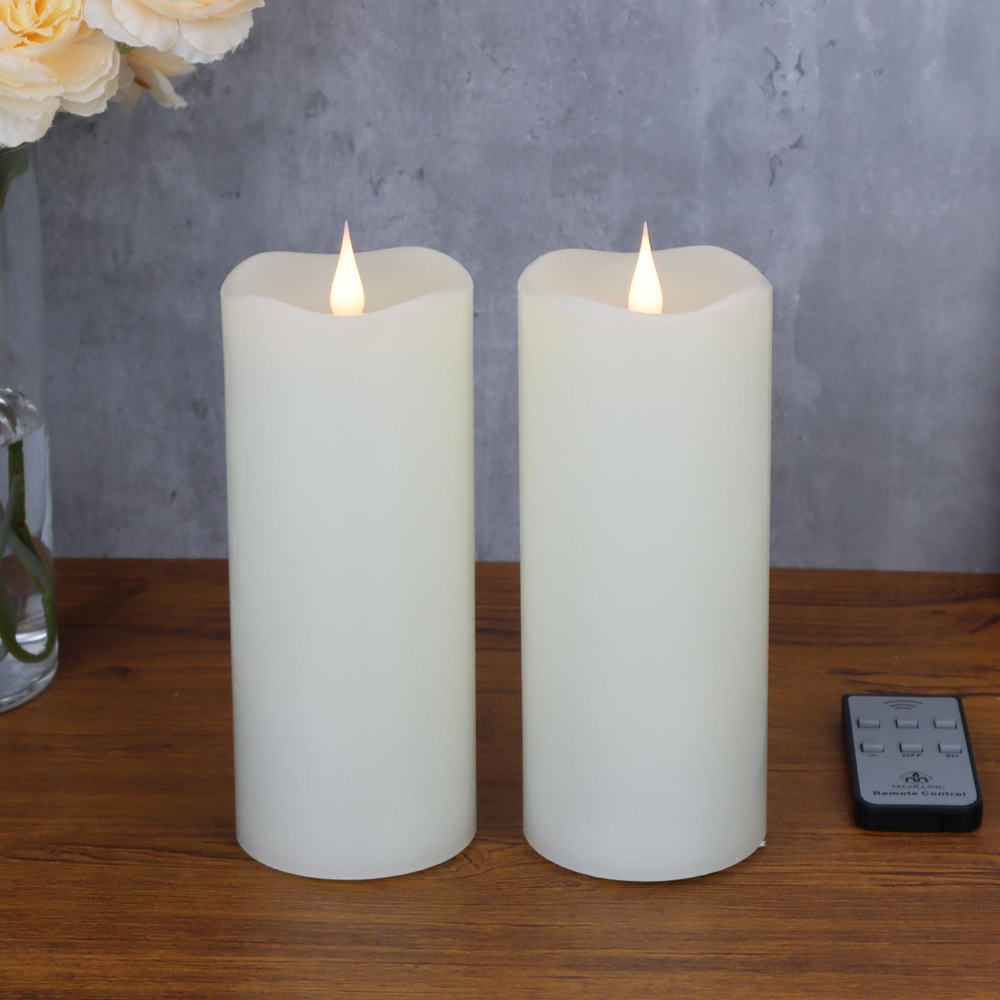 TECHLONG Flameless Candles with Remote Timer, 3D Moving Flickering Flame Battery Operated Candles Lasting 1000+ Hours, 3" x 7" Ivory Real Wax Electric LED Pillar Candles, Set of 2