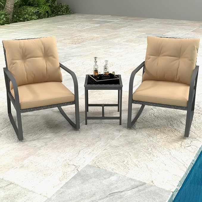 HLNPTN 3 Piece Patio Outdoor Rocking Chair, Outdoor Bistro Sets Wicker Patio Furniture Rocking Chairs Sectional Couch (Khaki)