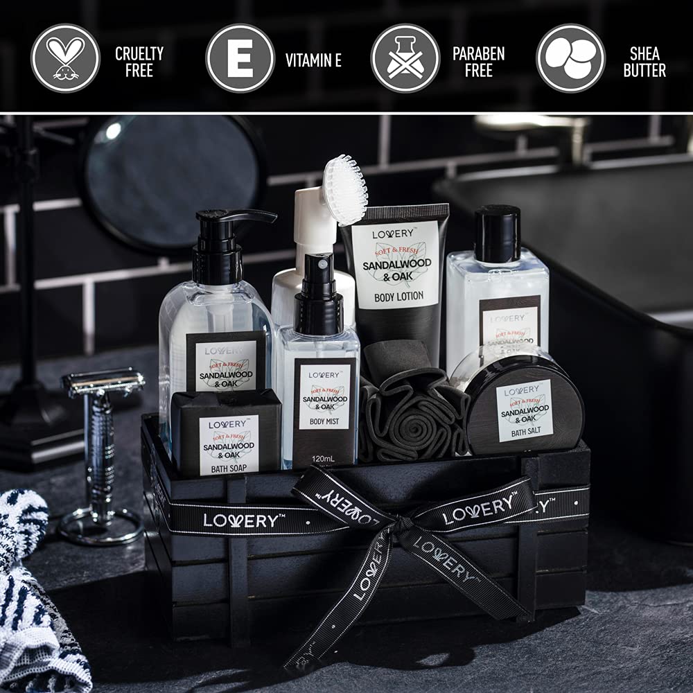 Birthday Gifts Spa Kit for Men - Sandalwood and Oak Scented Bath Gift Set and Shower Gift Basket With Face Wash & Brush, Shower Gel, Bubble Bath, Body Lotion, Body Mist, Handmade Soap, Salts & Puff