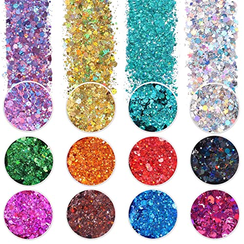 Holographic Chunky Glitter, Set of 12, Licool Craft Glitter for Resin Art Crafts, Cosmetic Glitter for Nail Body Face Eye,...