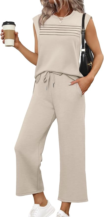 WIHOLL 2 Piece Sets for Women Summer Lounge Sets Travel Vacation Outfits Cap Sleeve Sweatsuit Side Slit Wide Leg Pants S-3XL