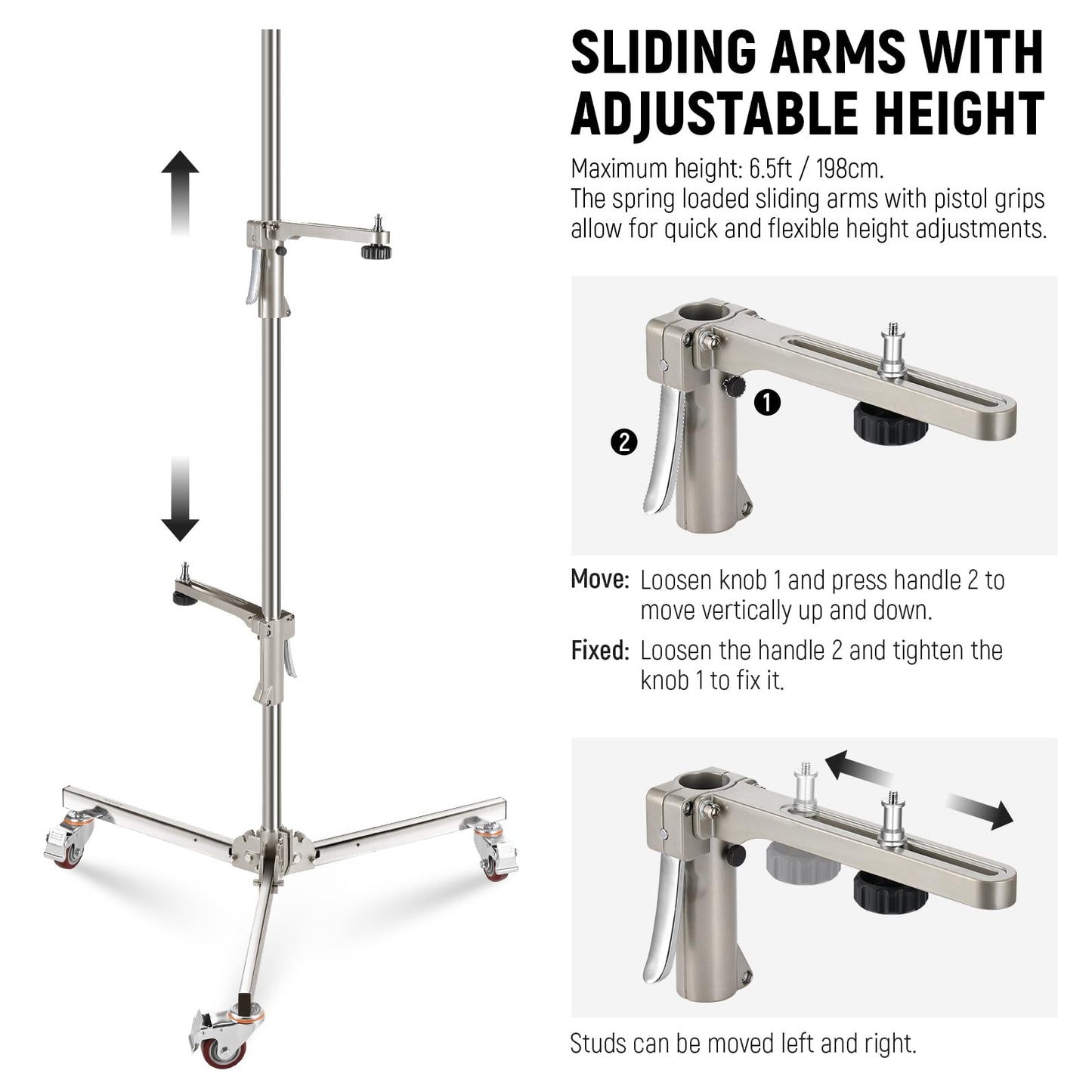 NEEWER 6.5ft/198cm Stainless Steel Light Stand, Heavy Duty Tripod Stand with Caster Wheels, 2 Sliding Arms with Pistol Grip, Folding Leg for Photography Softbox Monolight, Max. Load 35lb/16kg, ST198SS