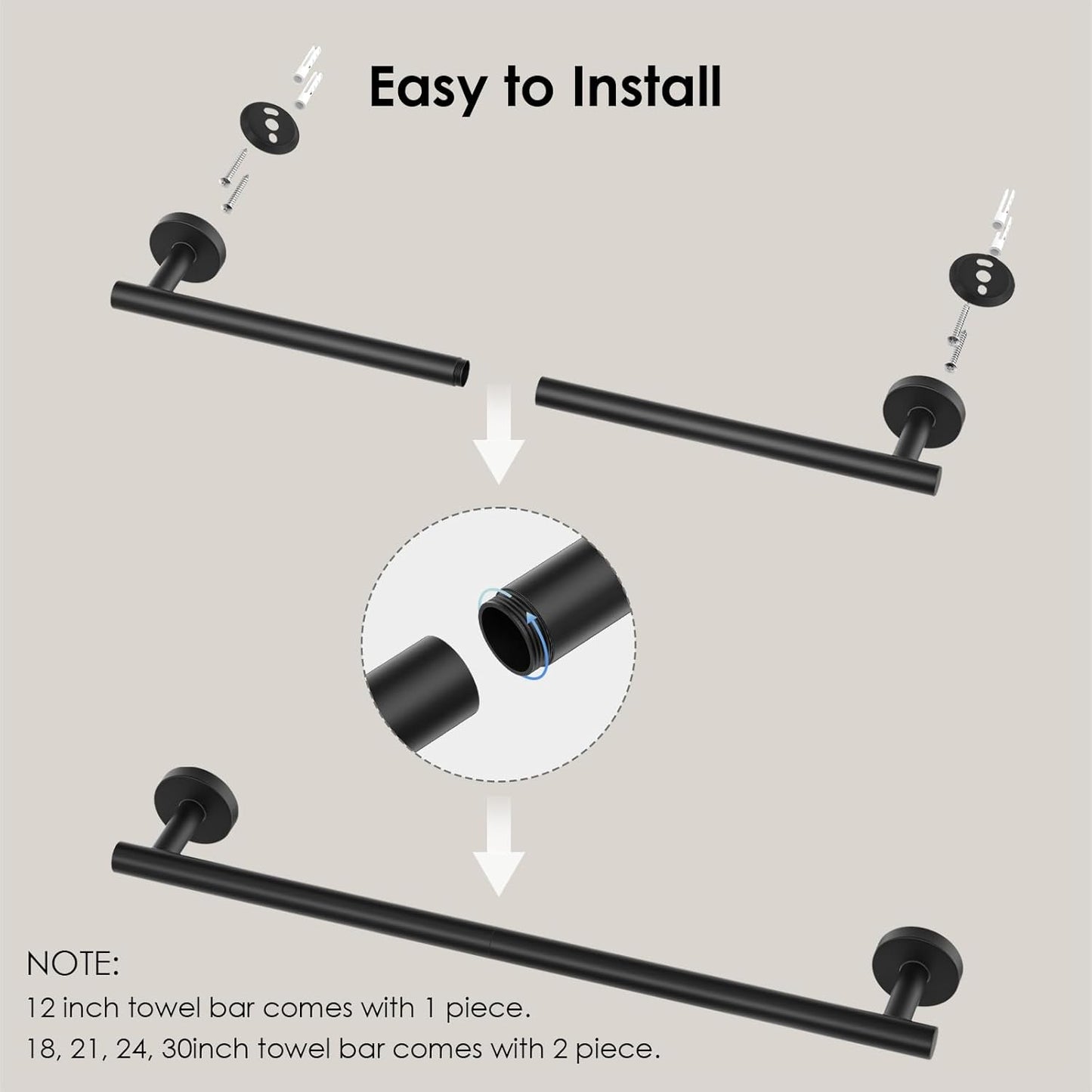FORIOUS Towel Bar Wall Mounted, Stainless Steel Towel Racks for Bathroom, Includes Wall Mounting Hardware (Matte Black, 23 Inch)