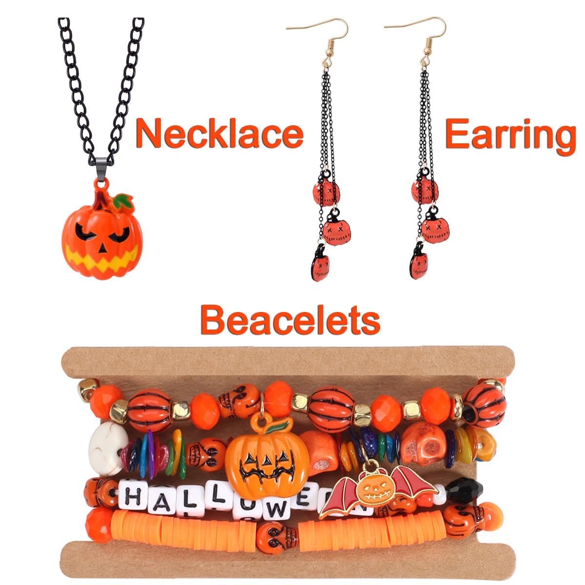 QWALIT Halloween Accessories: Earrings, Jewelry, Bracelets, Necklace, and Pumpkin Charm Bracelet for Women