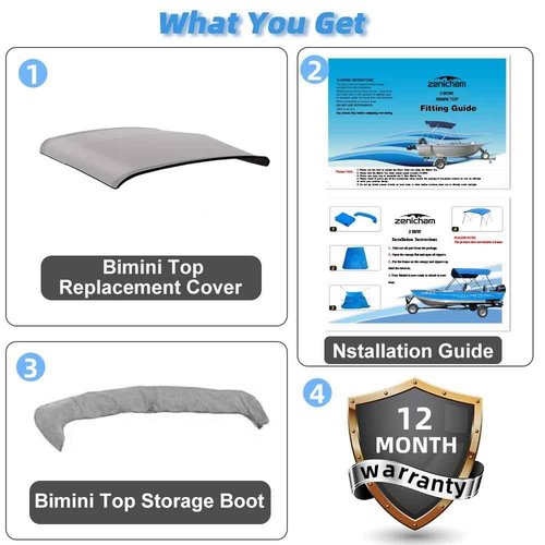 Seapisode 3 Bow Bimini Top Replacement Cover，600D Marine Grade Polyester Waterproof Sun Shade Boat Canopy，Easy Install Zipper Sleeves Boat Awning/Without Frame,Gray 6'L 54"-60" W