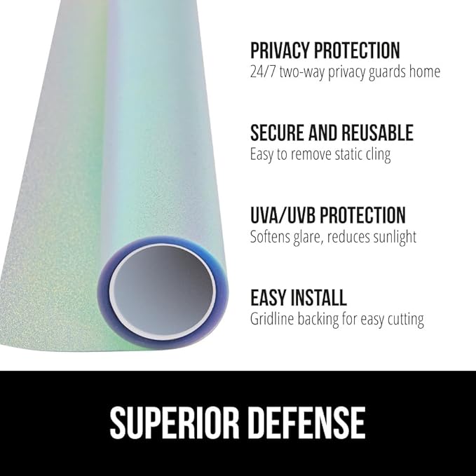 Gorilla Guard Two Way Sun Blocking Window Privacy Film, Strong Static Clings to Glass Windows, Peel and Stick, Removable No Residue Stickers, Decorative Bathroom Door Coverings 17.5" x 78.7”, Rainbow