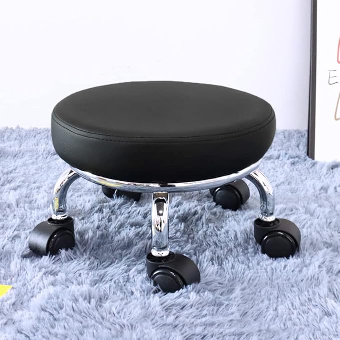 WKWKER Modern Roller Seat PU Leather Low Round Rolling Stool 360° Swivel Small Seat with Universal Wheels Foot Stool for Home Office Garage Shop Fitness Sport H：8.6" （Black）