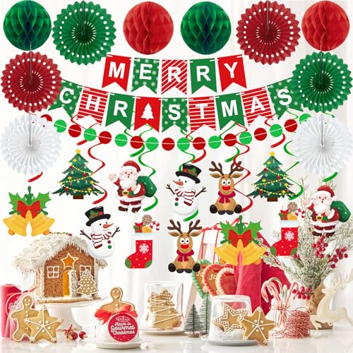 25pcs Christmas Party Decorations Merry Christmas Banner Paper Fan Garlands String Circle Dot Honeycomb Ball Swirl Streame...