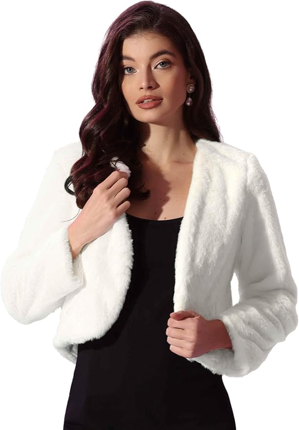 Allegra K Cropped Jacket for Women's Faux Fur with Pockets Long Sleeve Open Front Wedding Bolero Gowns Coat