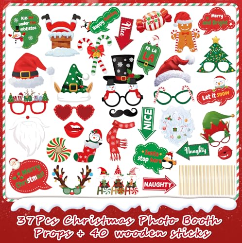 Christmas Photo Booth Props - 36Pcs Christmas Party Decorations Decor & Selfie Accessories, Fun Xmas Party Favors Gifts fo...