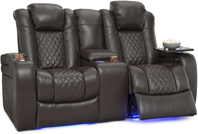 Seatcraft Anthem Home Theater Seating - Italian Leather - Power Recline Loveseat - Center Storage Console - Powered Headrests - Arm Storage - USB Charging - Cup Holders, Brown