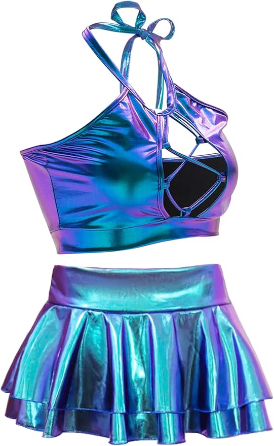 SFBBCLOZ Women's Rave Outfit Sets For Women Festivals 2 Pcs Metallic Tops Skirt EDM Party Club Holographic Rave Outfits