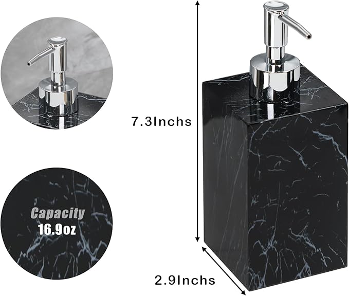 2-Pack Marble Look Resin Soap Dispensers, 16.9 oz Refillable Lotion Pump Bottles for Bathroom, Kitchen, Vanity, Office Sink Countertops – Durable, Moisture-Resistant Home Décor (Black)