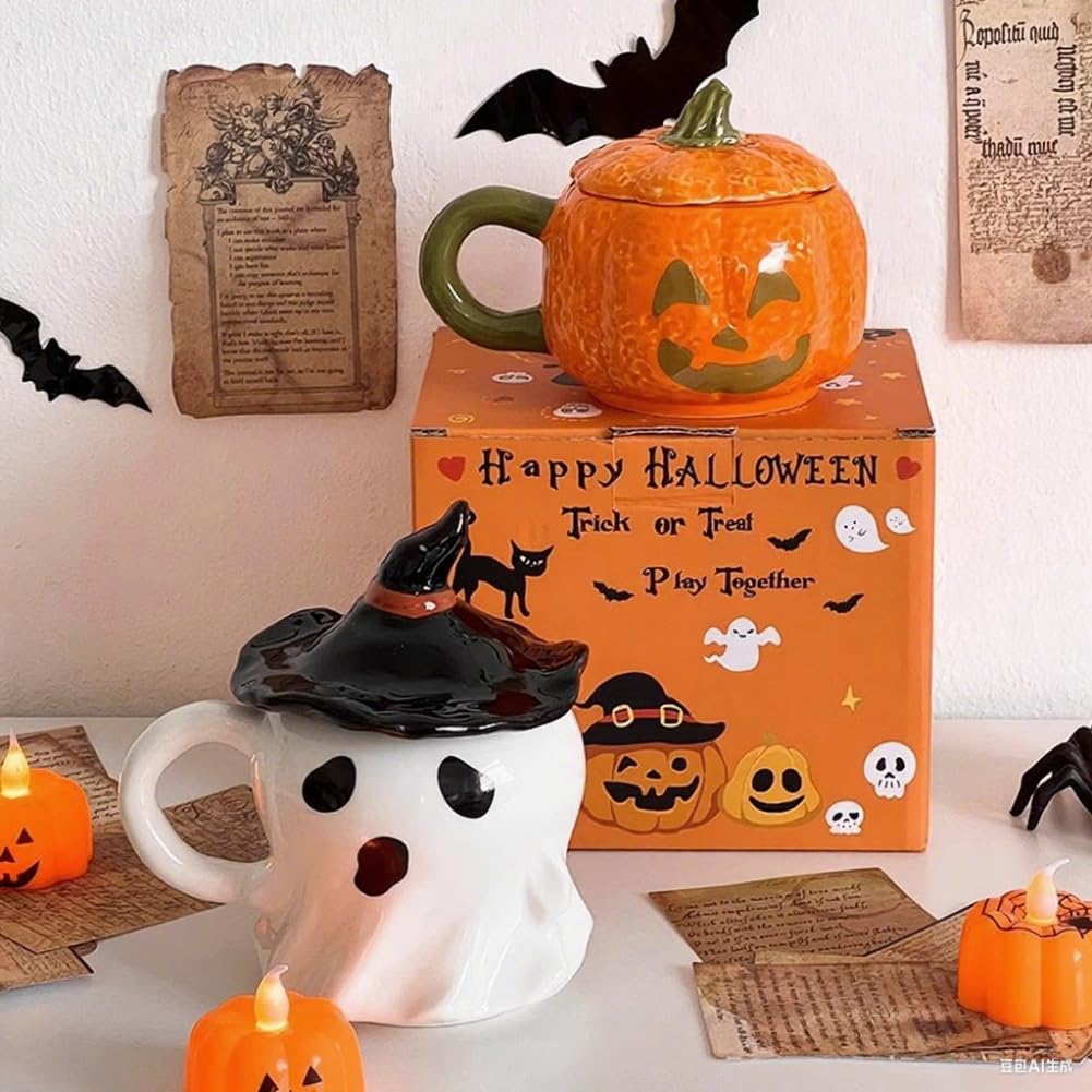 Halloween Pumpkin Ceramic Coffee Mug with Lid Cute Ghost Coffee Mug with Handle for Halloween Party Decoration (Ghost)