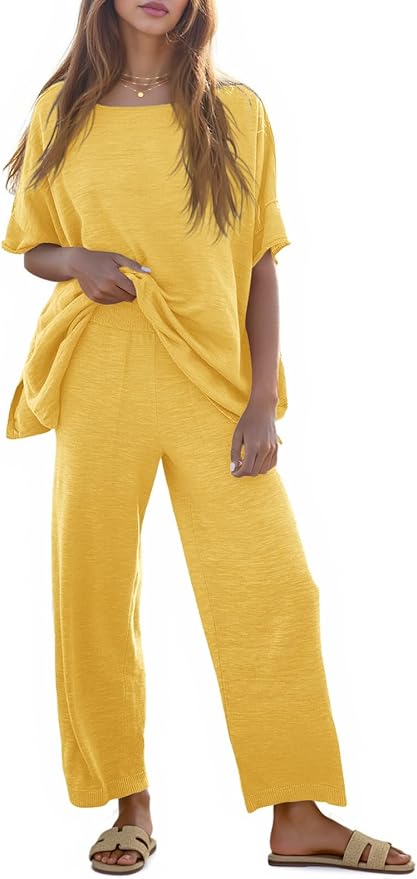 Tankaneo Women's 2 Piece Travel Outfits Casual Short Sleeve Knit Sweater Set Wide Leg Pants Lounge Sets Tracksuit