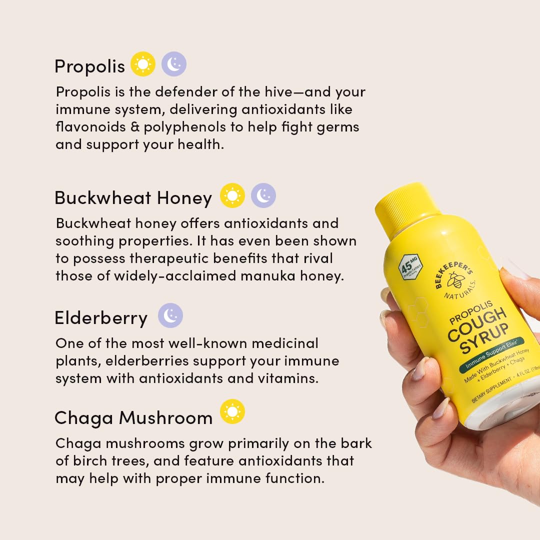 Beekeeper's Naturals Propolis Honey Cough Syrup – Adult Daytime & Nighttime Value Pack – Elderberry, Bee Propolis, Buckwheat Honey – Immune Support & Throat Soothing, Two Pack, 2 x 4 fl oz
