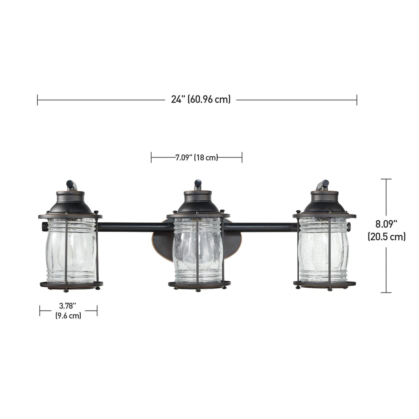 Globe Electric 51549 5-Piece All-in-One Bathroom Set, Oil Rubbed Bronze, 3-Light Vanity Wall Light with Ribbed Seeded Glass Shades, Towel Bar and Ring, Robe Hook, Toilet Paper Holder