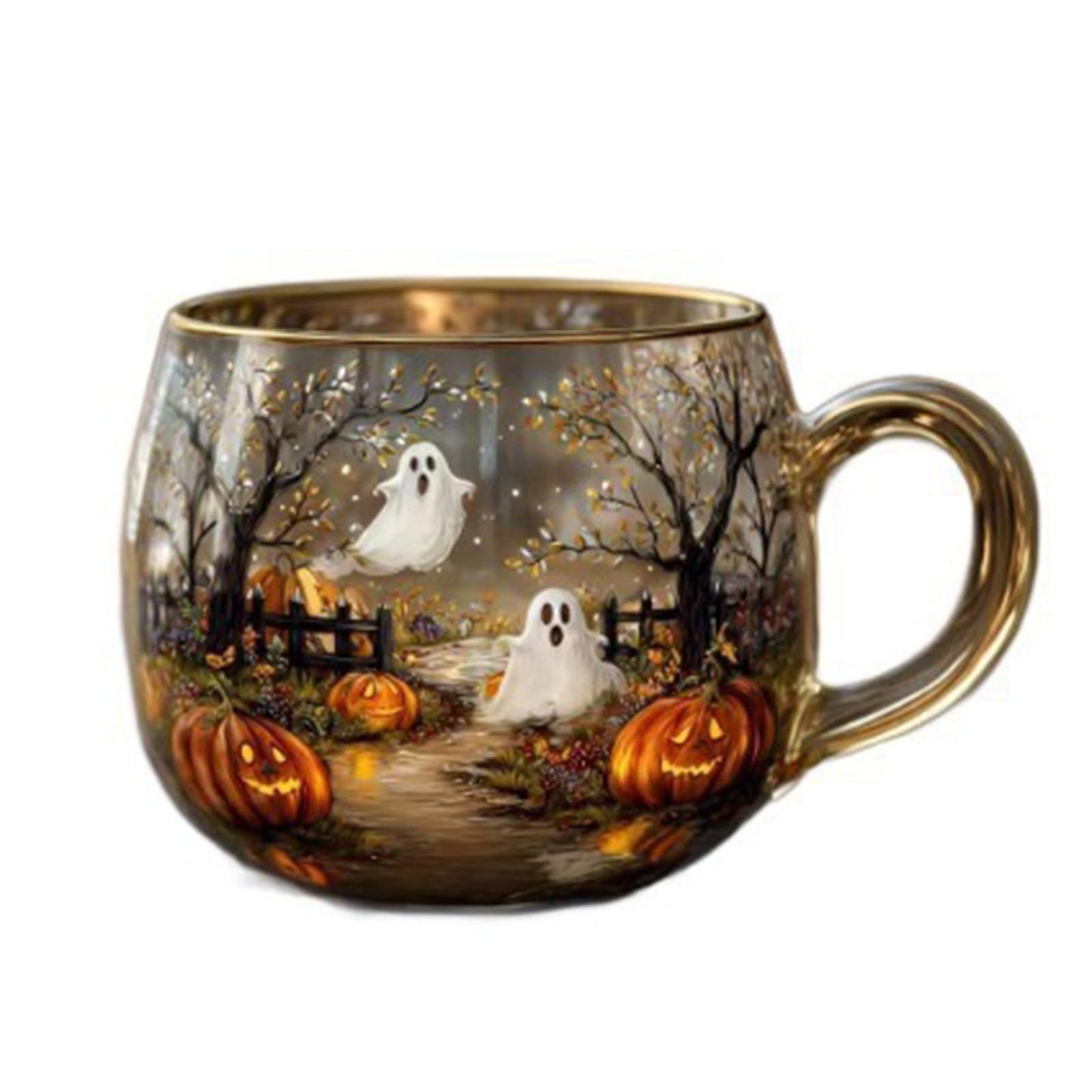 Haunted Path Halloween Mug – Cute Ghost Pumpkin Glass Coffee Cup, Spooky Season Personalized Halloween Coffee Cup with Fall Foliage (1pcs)