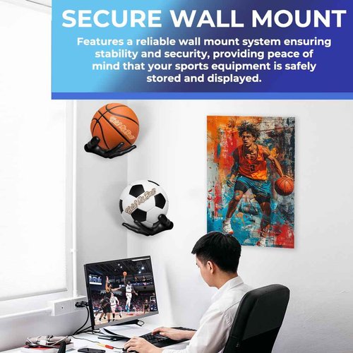 Wall-Mounted Left & Right Hand Sculptured Ball Holders – Basketball, Volleyball, Soccer & Football Display – Sports Room Decor, Basketball Wall Mount for Man Caves & Memorabilia Showcase - Black