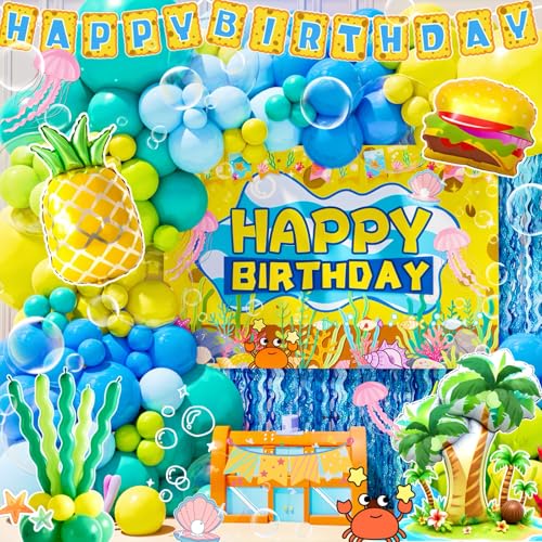 Sponge Birthday Decorations Kit - 153Pcs Under the Sea Party Supplies with Balloon Arch, Backdrop & Video Guide - All-in-O...