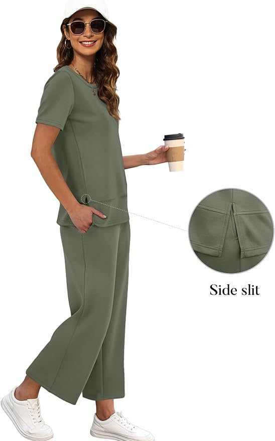 XIEERDUO Women's Side Slit Lounge Sets 2026 Fashion 2 Piece Travel Outfits Cozy Loungewear Wide Leg Tracksuits S-3XL