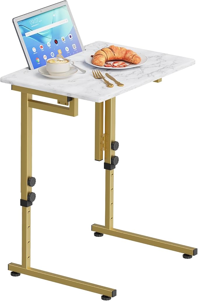 Katrawu Folding tv Tray Dinner Snack Table,6 Height Adjustable Slide Under Couch Side Table, Portable Small Foldable C-Shaped End Table for Eating with Sturdy MDF Top,No Assembly(White Marble+Gold)