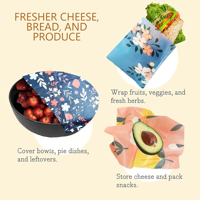Natural Beeswax Food Wraps 9 Pack– Reusable with Multi-function brush, Stylish & Plastic-Free for Fresh Zero-Waste Kitchens wraps for bread,sandwich