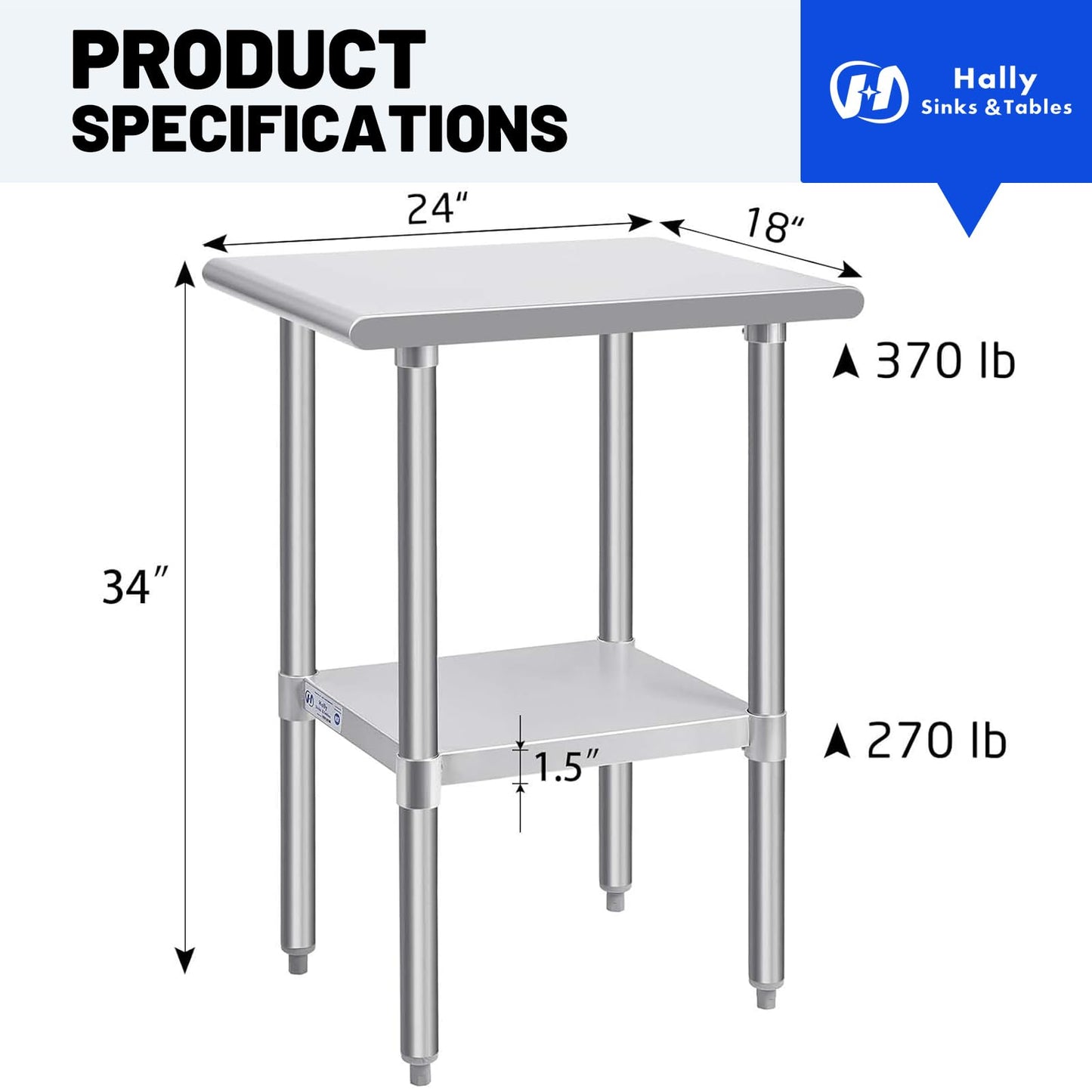 Hally Stainless Steel Table for Prep & Work 24 x 18 Inches, NSF Commercial Heavy Duty Table with Undershelf and Galvanized Legs for Restaurant, Home and Hotel