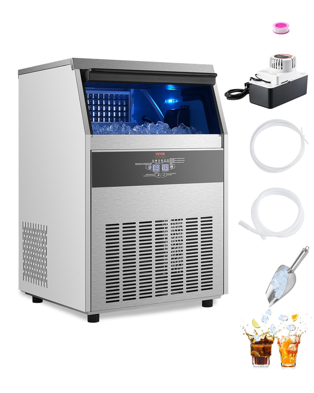 Vevor 200Lbs/24H Commercial Ice Maker Machine With Drain Pump, 66Lbs Storage Capacity Ice Maker, 108 Ice Cubes In 15 Minutes, Le
