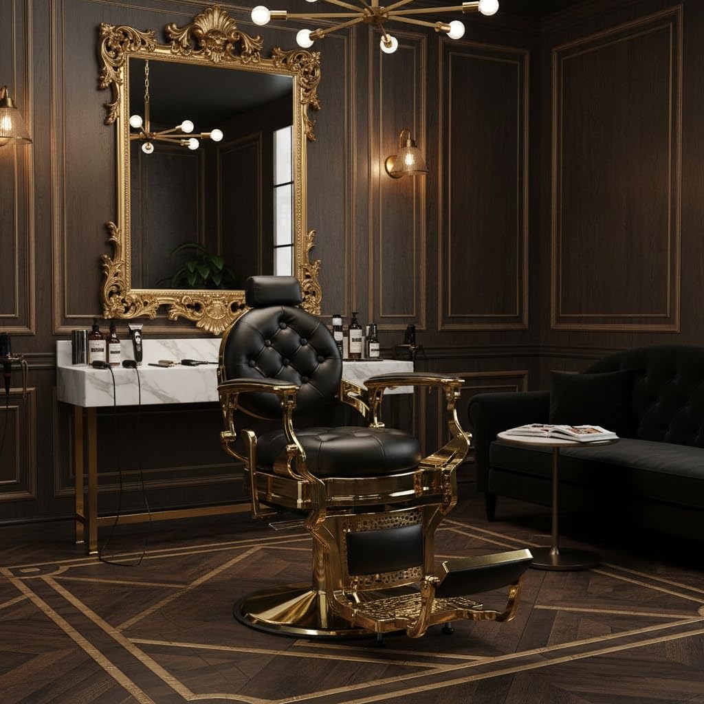 Kaleurrier Salon Chair for Hair Stylist: Barber Chairs for Barbershop - Heavy Duty Reclining Hair Chair with Footrest for Home Wide Seat Gold and Black