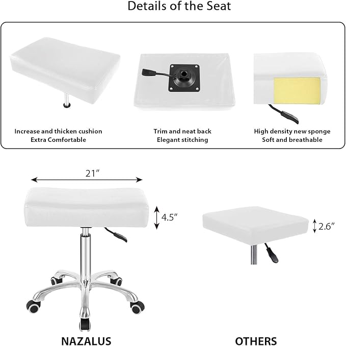 Nazalus Rolling Swivel Stool Height Adjustable with Wheels Heavy Duty for Office Home Desk Counter Salon (Black) (White, Without Footrest)