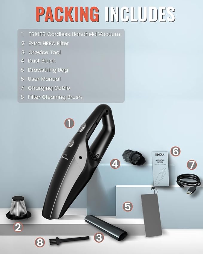 TEMOLA Handheld Vacuum Cordless, Car Vacuum Portable Cordless 12000Pa with Brushless Motor, 0.8lbs Lightweight Mini Vacuum Cleaner, Car Accessories for Women Home Pet Office