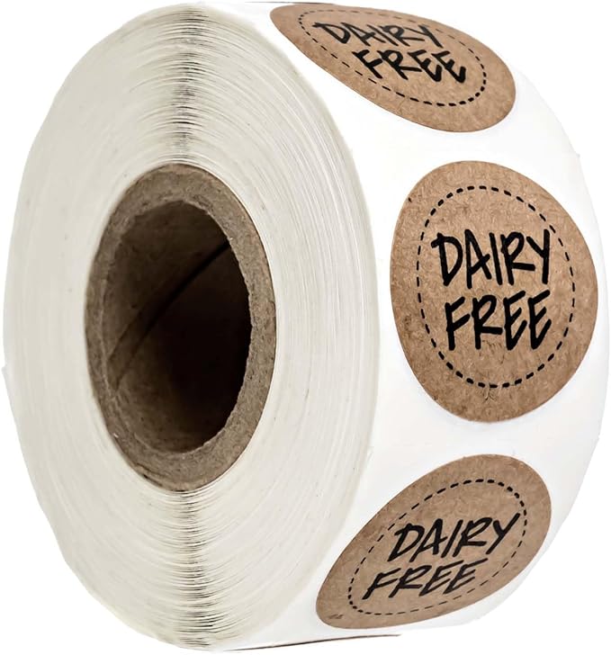 Brown Kraft Dairy Free Stickers / 500 Food Allergy Label Roll / 1" Small Round Vegan Milk Lactose Free Labels/Made in The USA