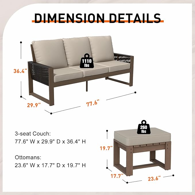 INTER HUT Rustic Hideaway Natural Cedar Wood Outdoor Furniture Set, Wicker Patio Conversation Set for Porch Garden Backyard, Couch and 2 Ottomans, 3 Piece, Brownish/Beige