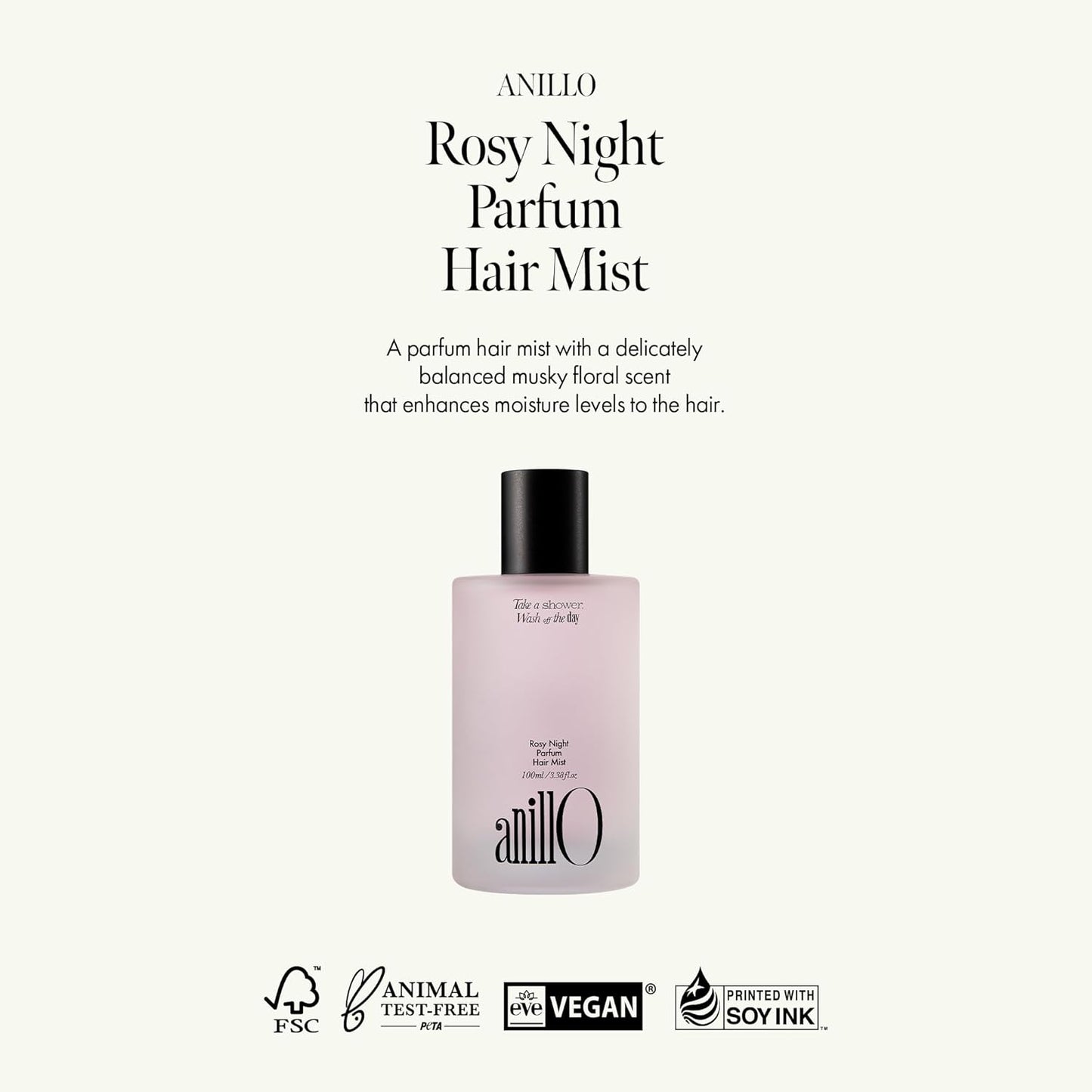 Rosy Night Vegan Hair Perfume Long-Lasting Floral Musky Scented with Damask Rose Extract, Rosehip Oil, Peptide Complex for All Hair Type, Free of Silicone & Parabens (3.38 fl. Oz)