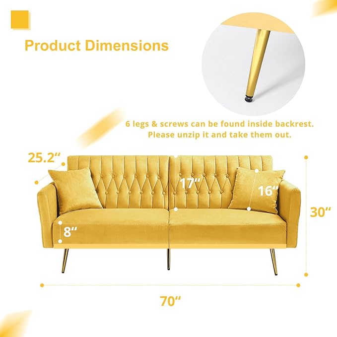 ACMEASE 70” Velvet Futon Sofa Bed w/Adjustable Armrests & 2 Pillows, Convertible Futon Couch w/Adjustable Backrests, Modern Sleeper Bed for Living Room, Bedroom, Yellow