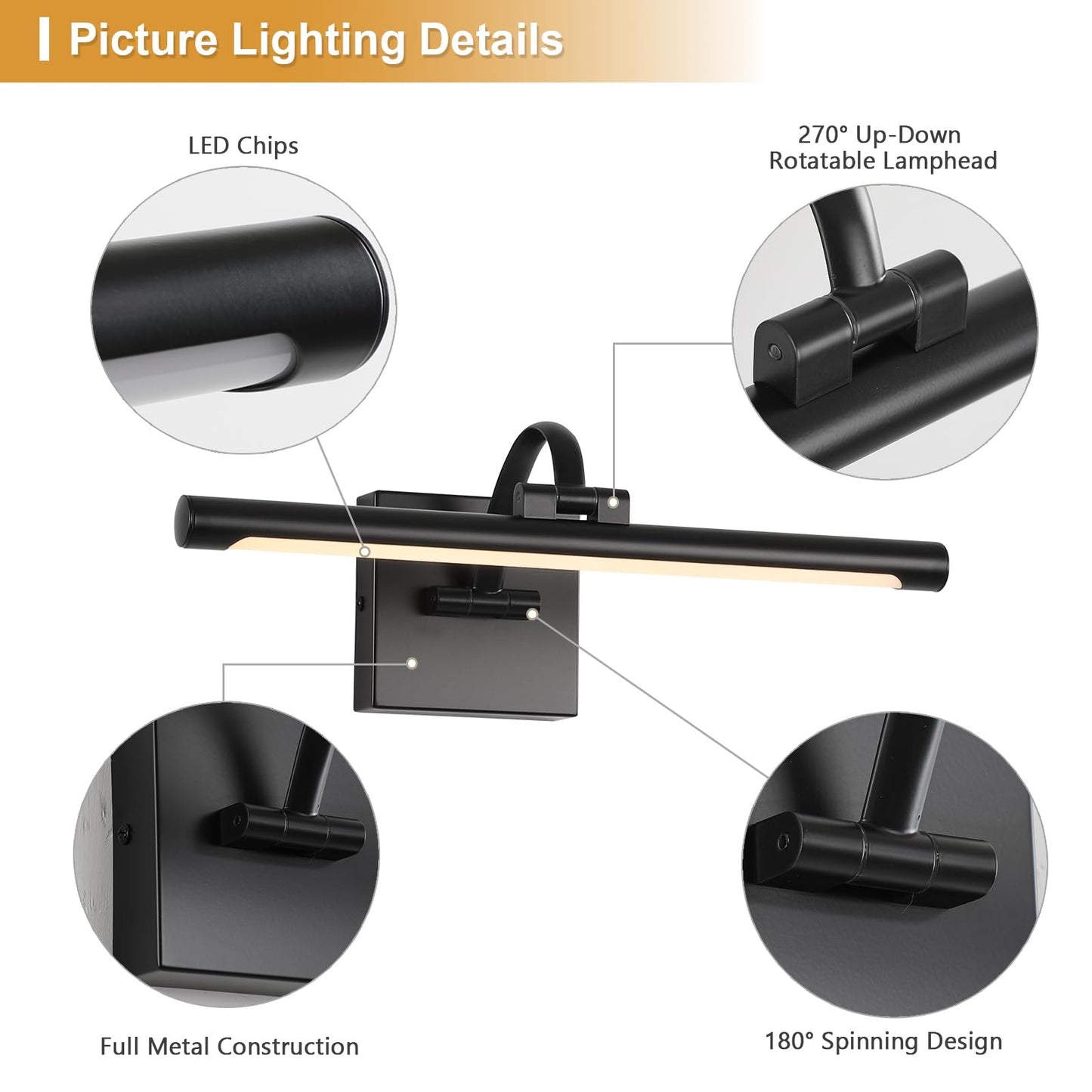DESOOP Black Picture Lights for Wall Dimmable Art Lights for Paintings Hard-Wired LED Painting Light Gallery Light for Portrait, Artwork, Frame 15.75 Inch 7W Warm White